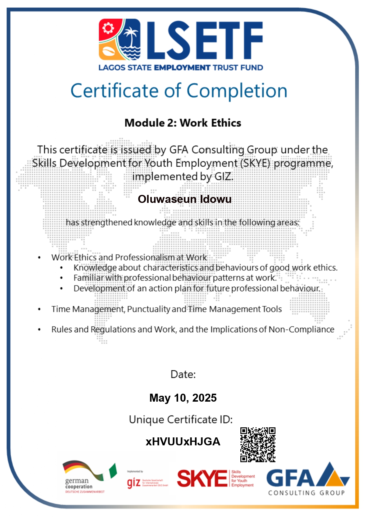Work ethics certificate